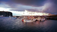 Load image into Gallery viewer, harbor-boats-in-iceland-during-sunset