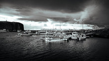 Load image into Gallery viewer, Harbor Boats in Iceland During Sunset with Lighthouse 5 x 7 / B&amp;W Tracy McCrackin Photography GiclŽe - Tracy McCrackin Photography