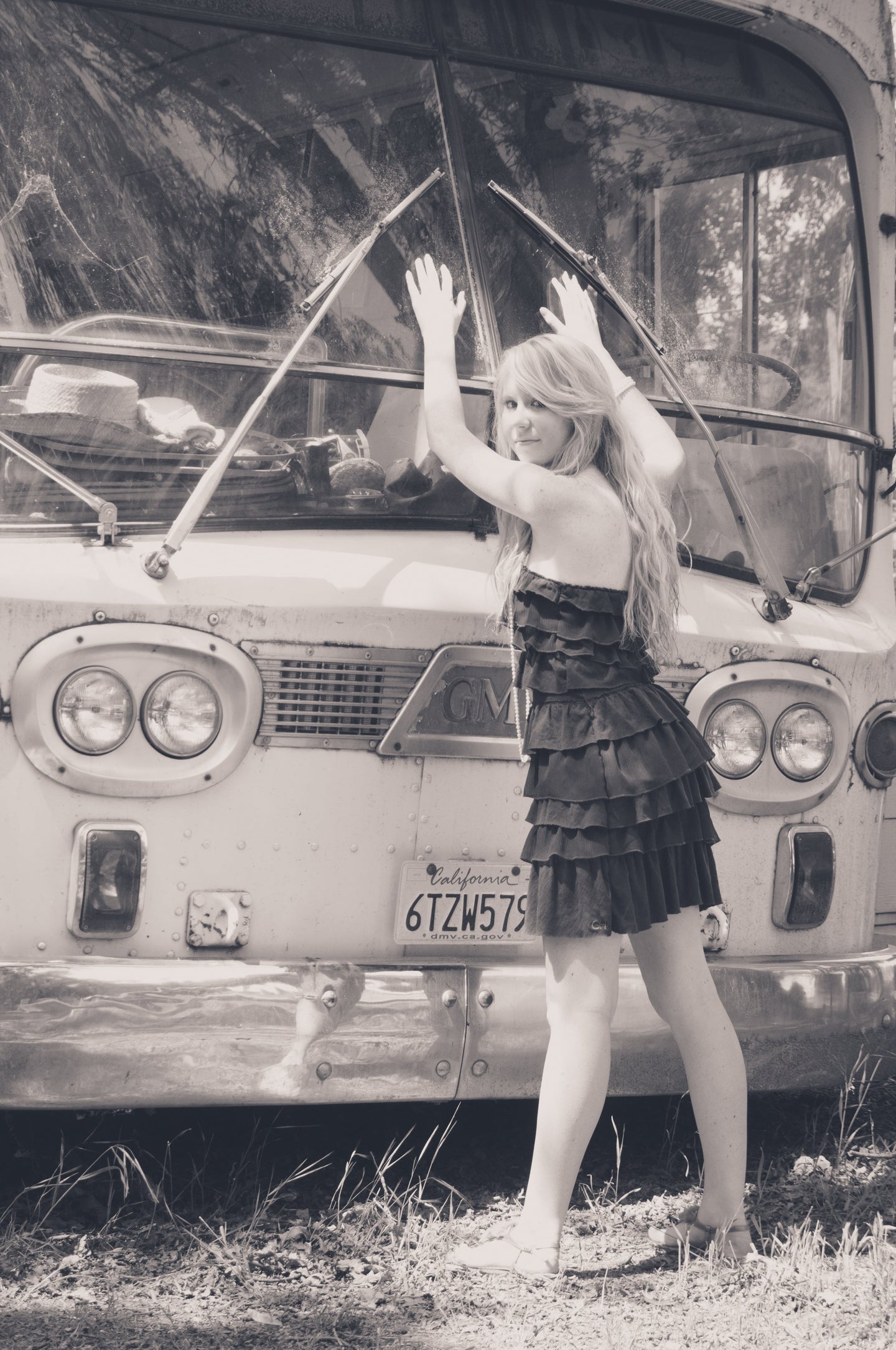 Girl with Hands on Bus Vintage BW Tracy McCrackin Photography - Tracy McCrackin Photography