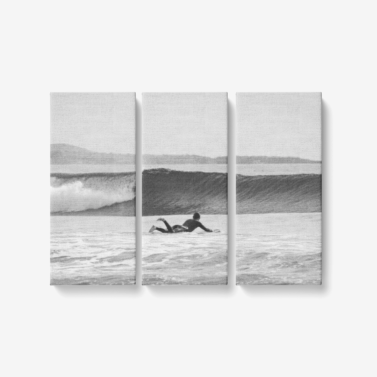 B&W Ride the Wave - 3 Piece Canvas Wall Art - Framed Ready to Hang 3x8