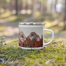 Load image into Gallery viewer, Misty Red Mountains Enamel Mug Default Title Tracy McCrackin Photography Home Decor - Tracy McCrackin Photography