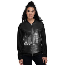 Load image into Gallery viewer, Stunning Cityscape in B&amp;W Unisex Bomber Jacket XS Tracy McCrackin Photography Clothing - Tracy McCrackin Photography